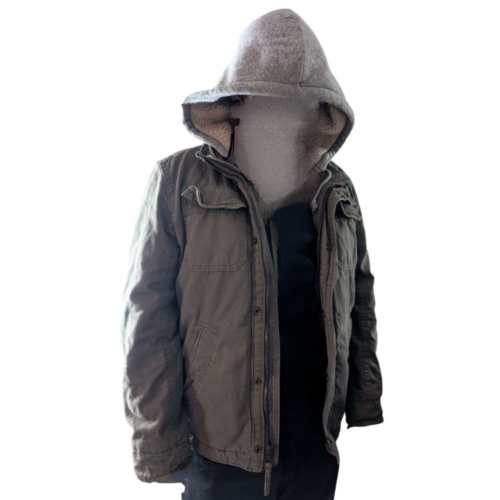 American Eagle Outfitters Men Small Sherpa Lined Hooded Field‎ Jacket Olive Gray